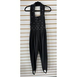 Vintage Gantos Womens Medium Stirrup Pant Black Jumpsuit Sleeveless Pearl Beaded
